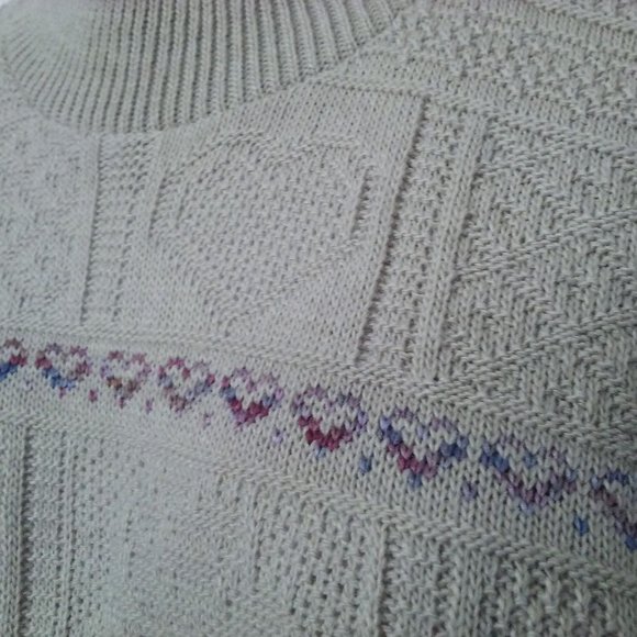 Vintage 80s Basic Editions Oversize Mockneck Tunic Sweater Lady-M Hearts Beige - Picture 5 of 9